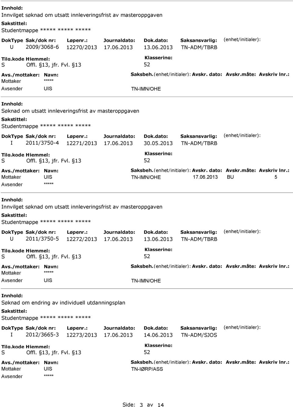 2013 TN-ADM/TBRB TN-MN/OHE BU 5 nnhold: nnvilget søknad om utsatt innleveringsfrist av masteroppgaven tudentmappe ***** ***** ***** U 2011/3750-5 12272/2013