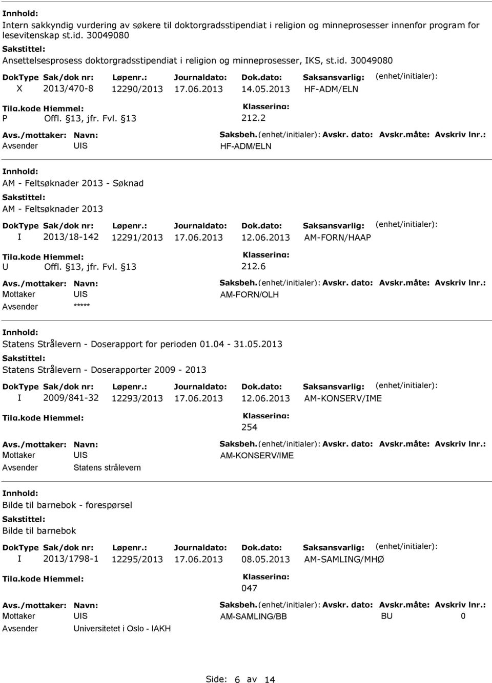 2 U HF-ADM/ELN nnhold: AM - Feltsøknader 2013 - øknad AM - Feltsøknader 2013 2013/18-142 12291/2013 12.06.2013 AM-FORN/HAA U 212.6 AM-FORN/OLH nnhold: tatens trålevern - Doserapport for perioden 01.