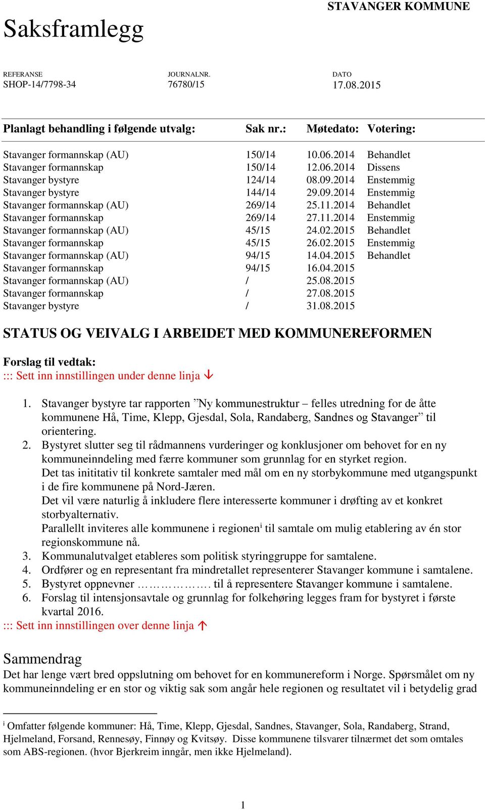 2014 Behandlet Stavanger formannskap 269/14 27.11.2014 Enstemmig Stavanger formannskap (AU) 45/15 24.02.2015 Behandlet Stavanger formannskap 45/15 26.02.2015 Enstemmig Stavanger formannskap (AU) 94/15 14.