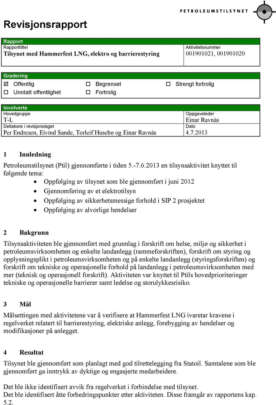 2013 Dato 1 Innledning Petroleumstilsynet (Ptil) gjennomførte i tiden 5.-7.6.