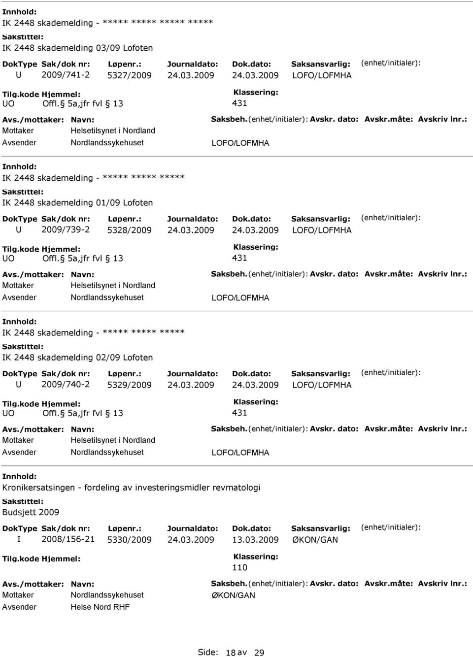 : Mottaker Helsetilsynet i Nordland K 2448 skademelding - K 2448 skademelding 02/09 Lofoten 2009/740-2 5329/2009 O 431 Avs./mottaker: Navn: Saksbeh. Avskr. dato: Avskr.måte: Avskriv lnr.