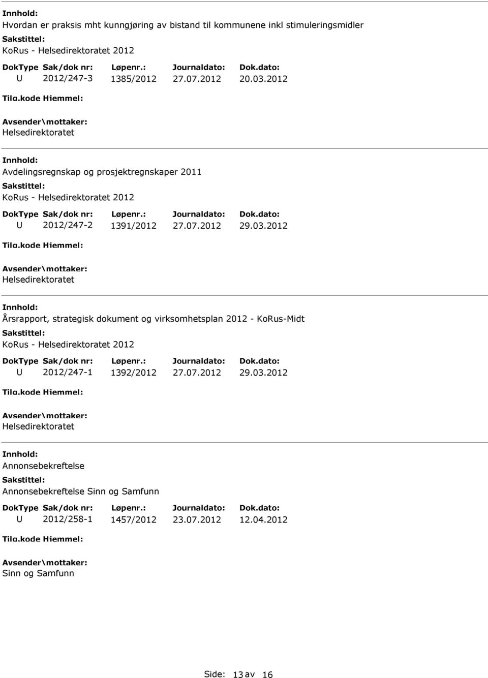 2012 Helsedirektoratet Årsrapport, strategisk dokument og virksomhetsplan 2012 - -Midt - Helsedirektoratet 2012 2012/247-1 1392/2012 29.