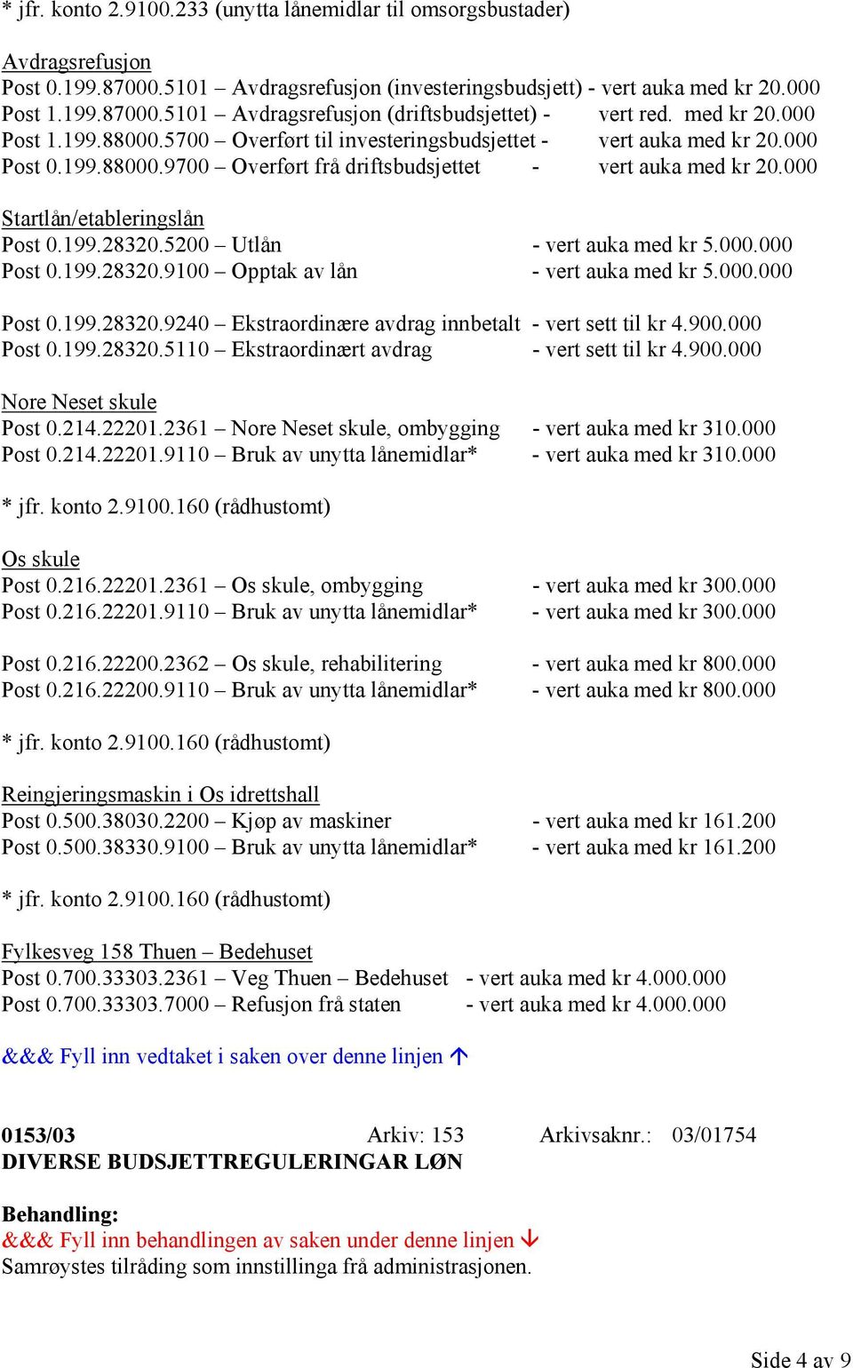 000 Startlån/etableringslån Post 0.199.28320.5200 Utlån - vert auka med kr 5.000.000 Post 0.199.28320.9100 Opptak av lån - vert auka med kr 5.000.000 Post 0.199.28320.9240 Ekstraordinære avdrag innbetalt - vert sett til kr 4.