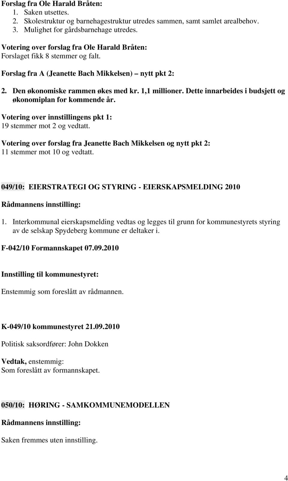 Dette innarbeides i budsjett og økonomiplan for kommende år. Votering over innstillingens pkt 1: 19 stemmer mot 2 og vedtatt.