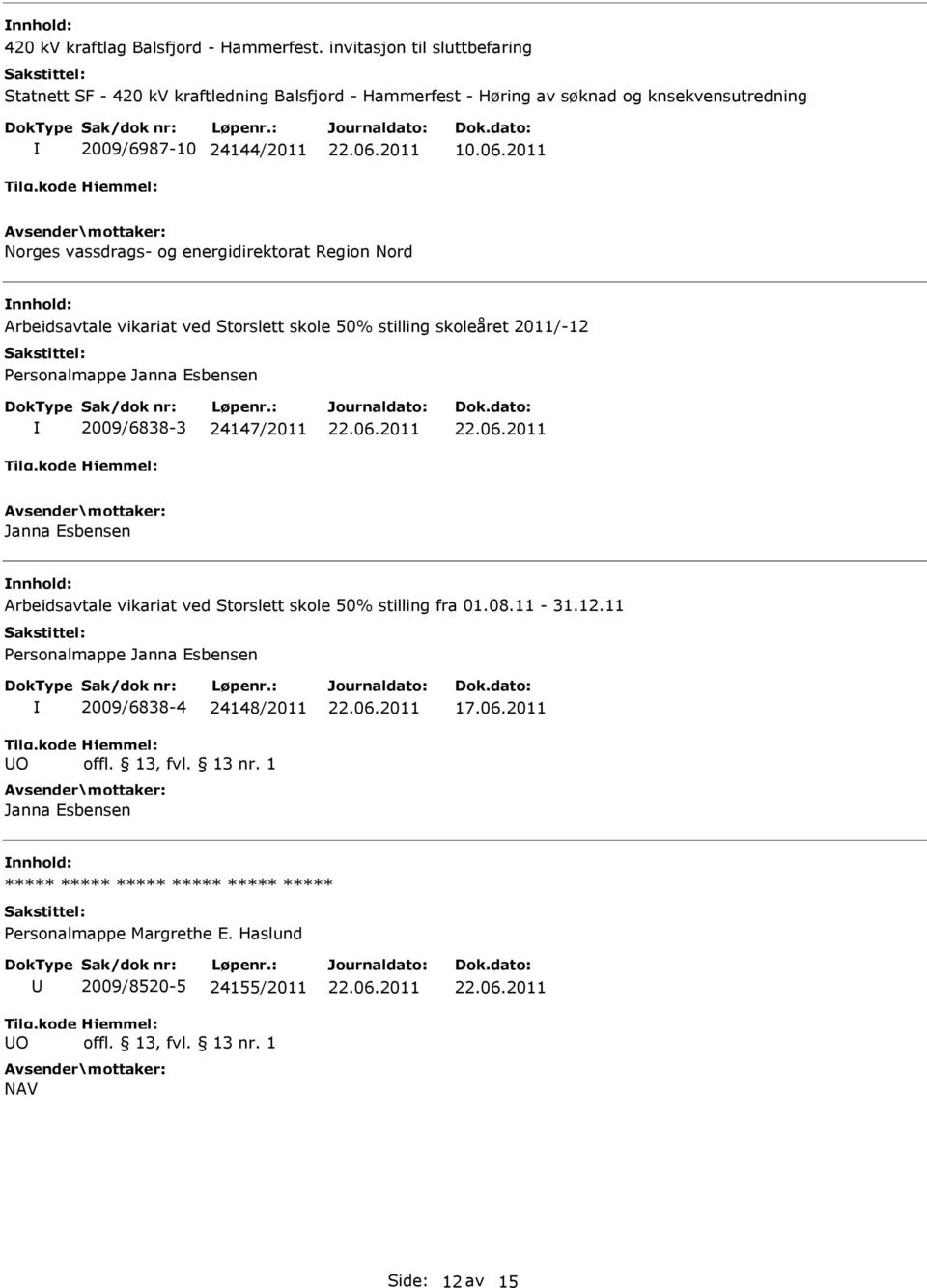 2011 Norges vassdrags- og energidirektorat Region Nord Arbeidsavtale vikariat ved Storslett skole 50% stilling skoleåret 2011/-12 Personalmappe Janna Esbensen