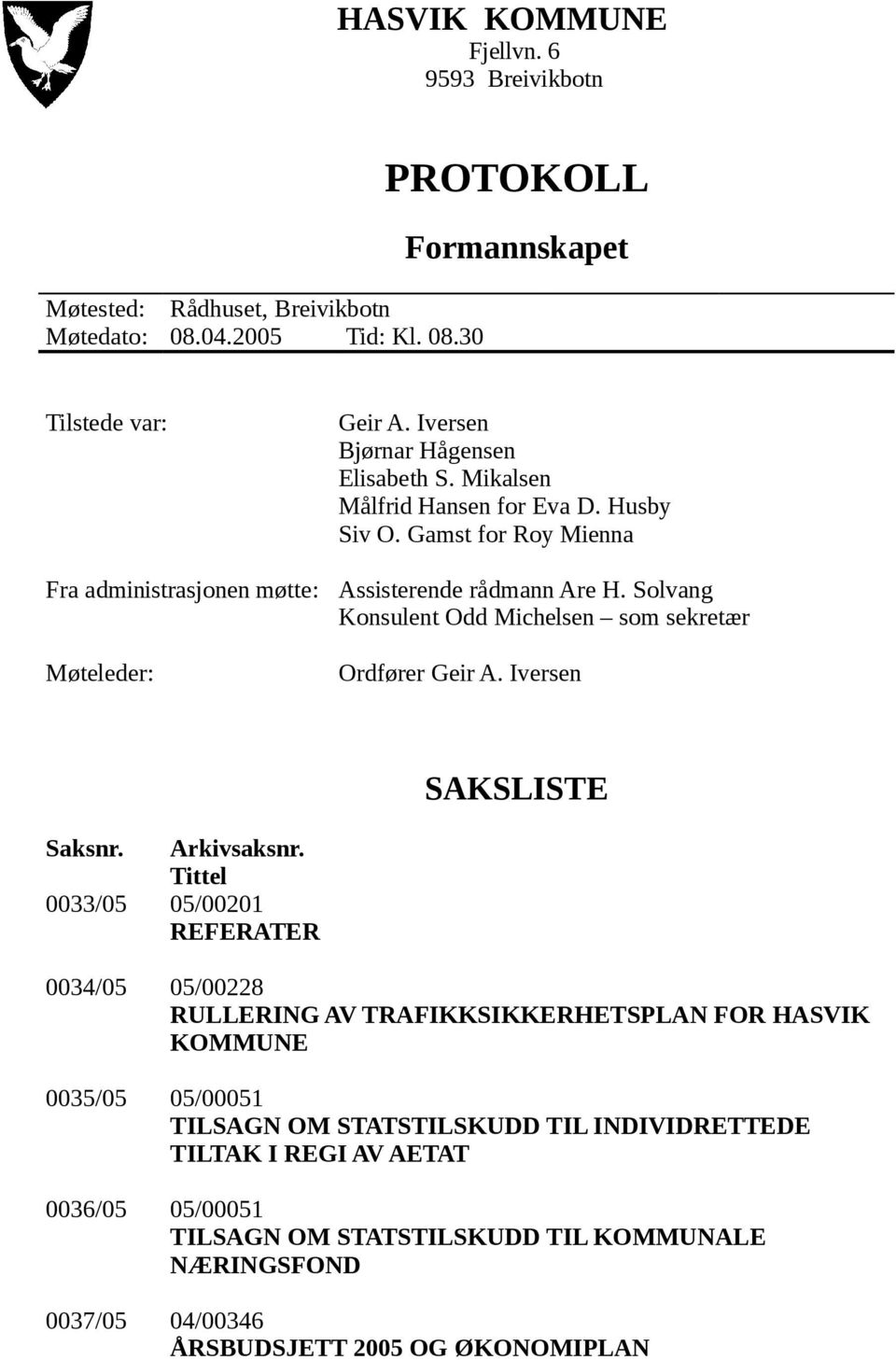 Solvang Konsulent Odd Michelsen som sekretær Ordfører Geir A. Iversen SAKSLISTE Saksnr. Arkivsaksnr.