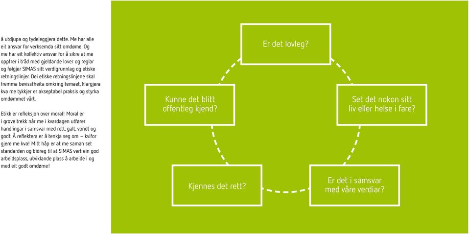 Dei etiske retningslinjene skal fremma bevisstheita omkring temaet, klargjera kva me tykkjer er akseptabel praksis og styrka omdømmet vårt. Etikk er refleksjon over moral!