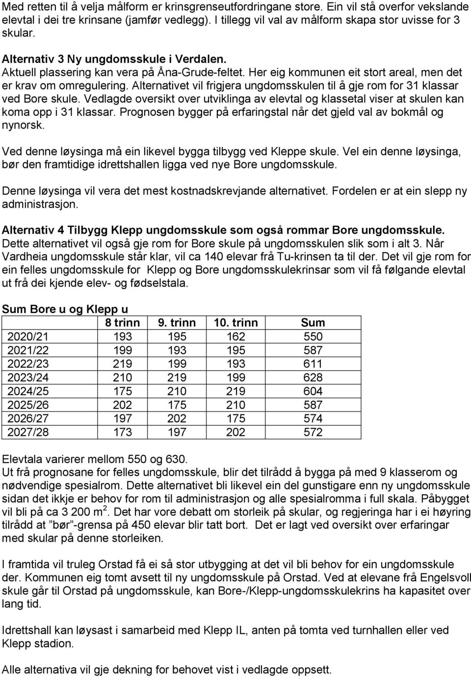 Her eig kommunen eit stort areal, men det er krav om omregulering. Alternativet vil frigjera ungdomsskulen til å gje rom for 31 klassar ved Bore skule.