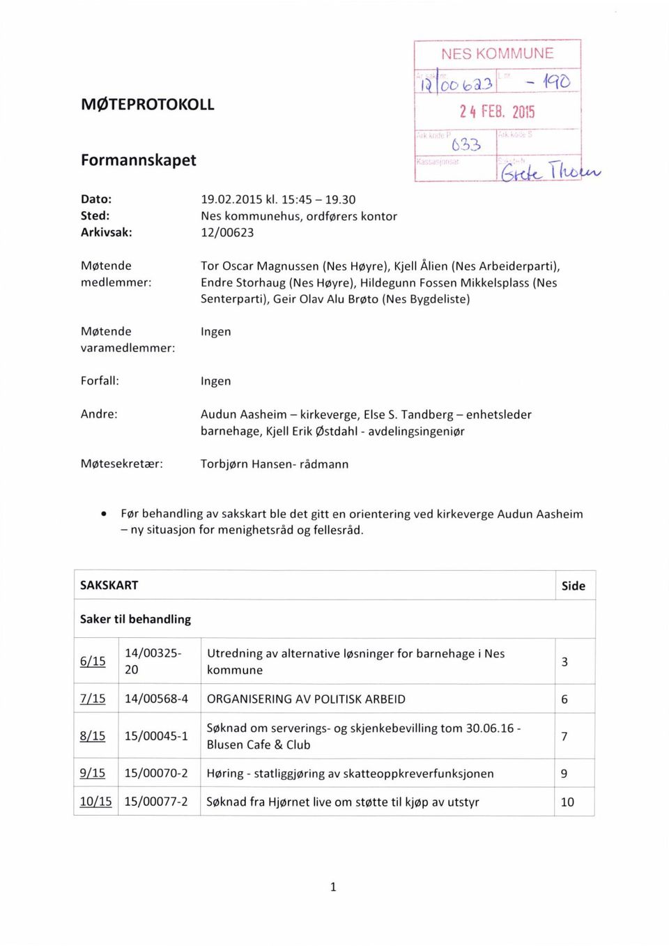 Mikkelsplass (Nes Senterparti), Geir Olav Alu Brøto (Nes Bygdeliste) Møtende Ingen varamedlemmer: Forfall: Ingen Andre: Audun Aasheim kirkeverge, Else S.