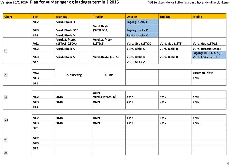 Blokk B Vurd. Historie (2STE) Fagdag: REL (1.-4. t.) + Vurd. Kr.øv. (3STA) Vurd. Blokk B Vurd. Kr.øv 3STB,C 20 2.