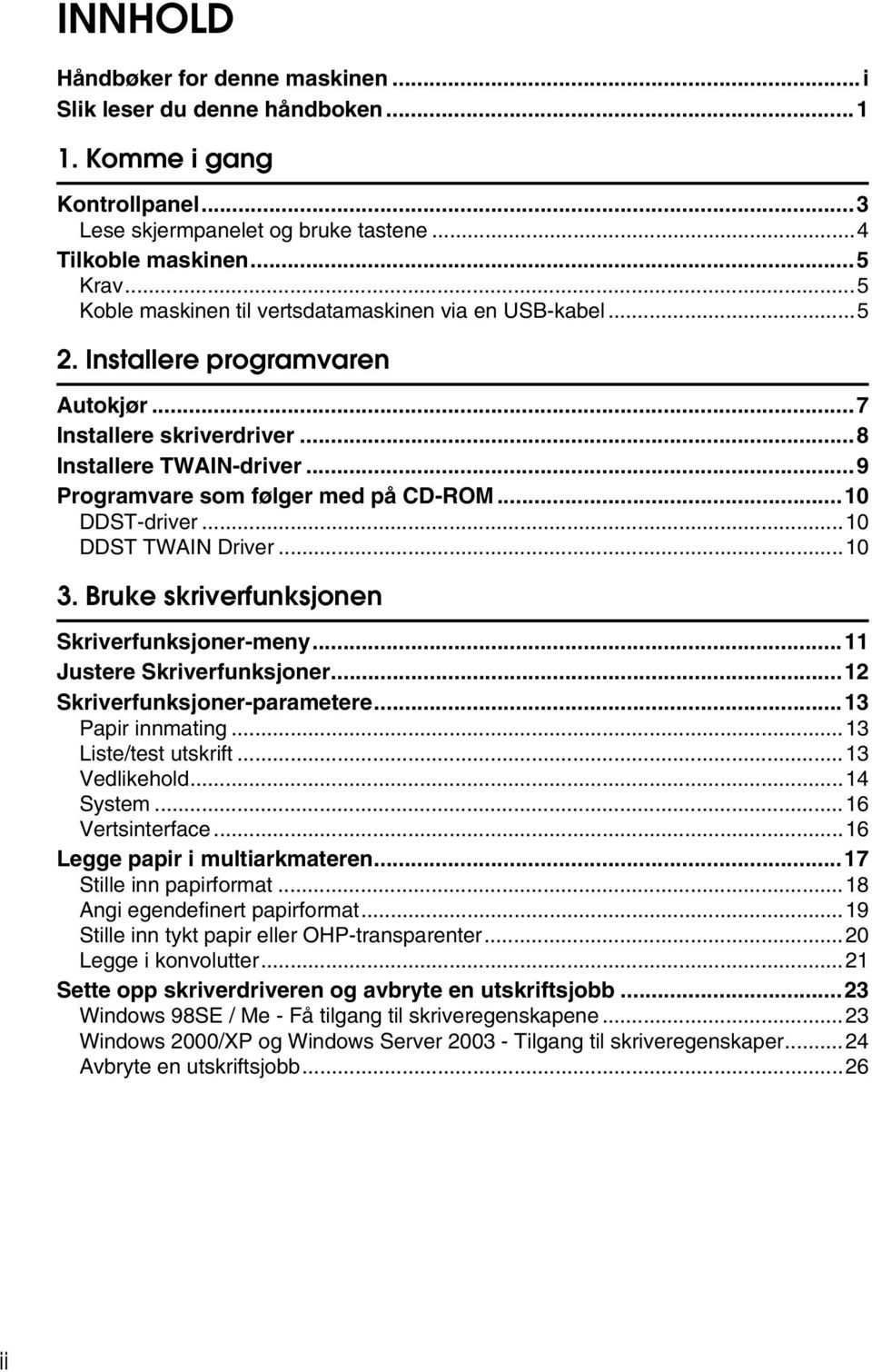 ..10 DDST-driver...10 DDST TWAIN Driver...10 3. Bruke skriverfunksjonen Skriverfunksjoner-meny...11 Justere Skriverfunksjoner...12 Skriverfunksjoner-parametere...13 Papir innmating.