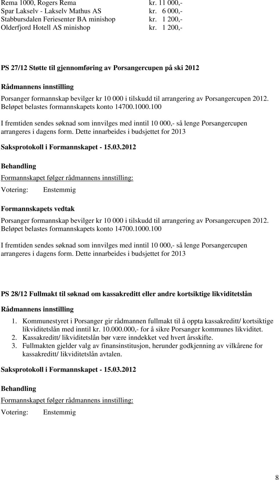 Beløpet belastes formannskapets konto 14700.1000.100 I fremtiden sendes søknad som innvilges med inntil 10 000,- så lenge Porsangercupen arrangeres i dagens form.