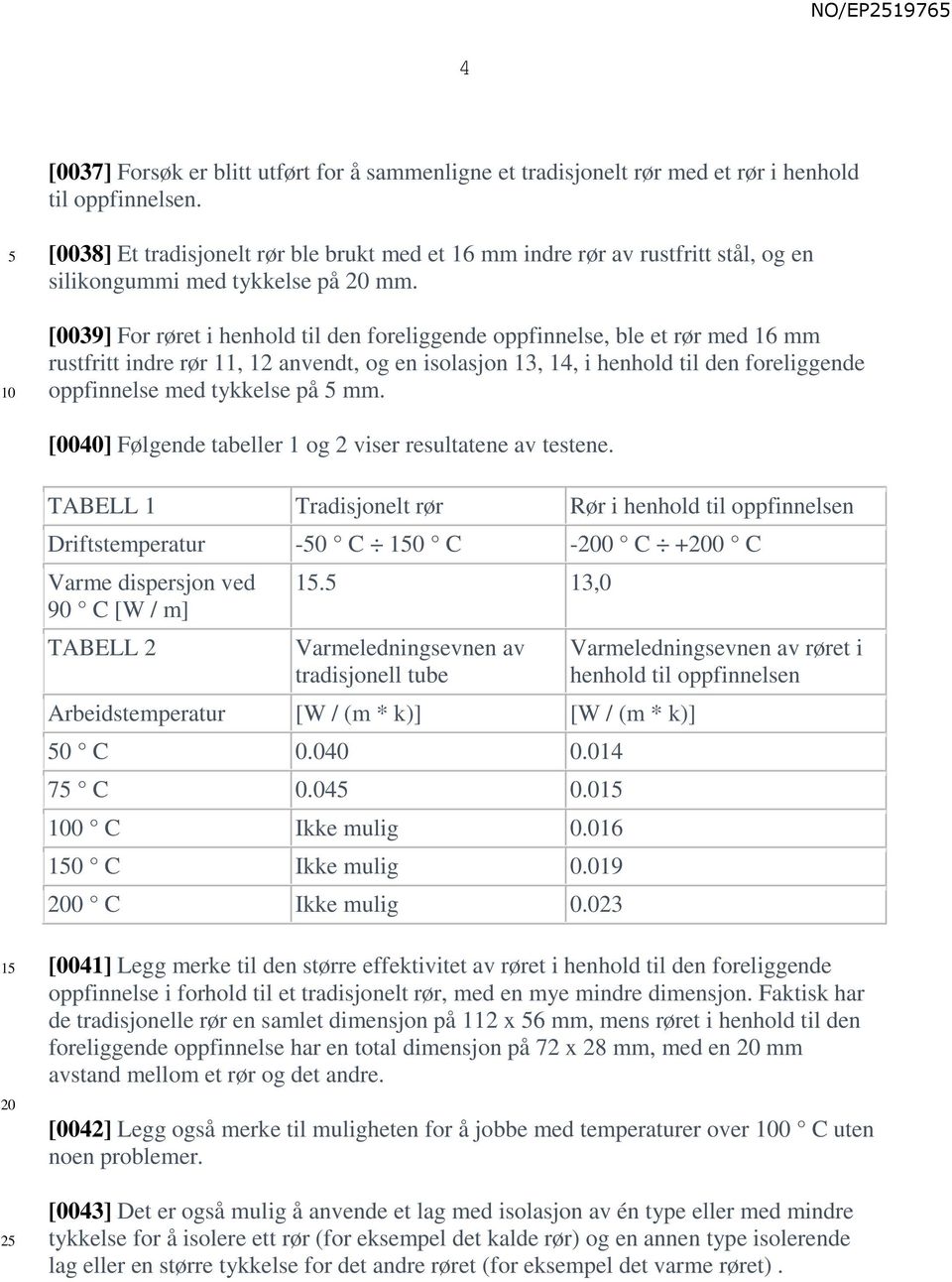 [0039] For røret i henhold til den foreliggende oppfinnelse, ble et rør med 16 mm rustfritt indre rør 11, 12 anvendt, og en isolasjon 13, 14, i henhold til den foreliggende oppfinnelse med tykkelse