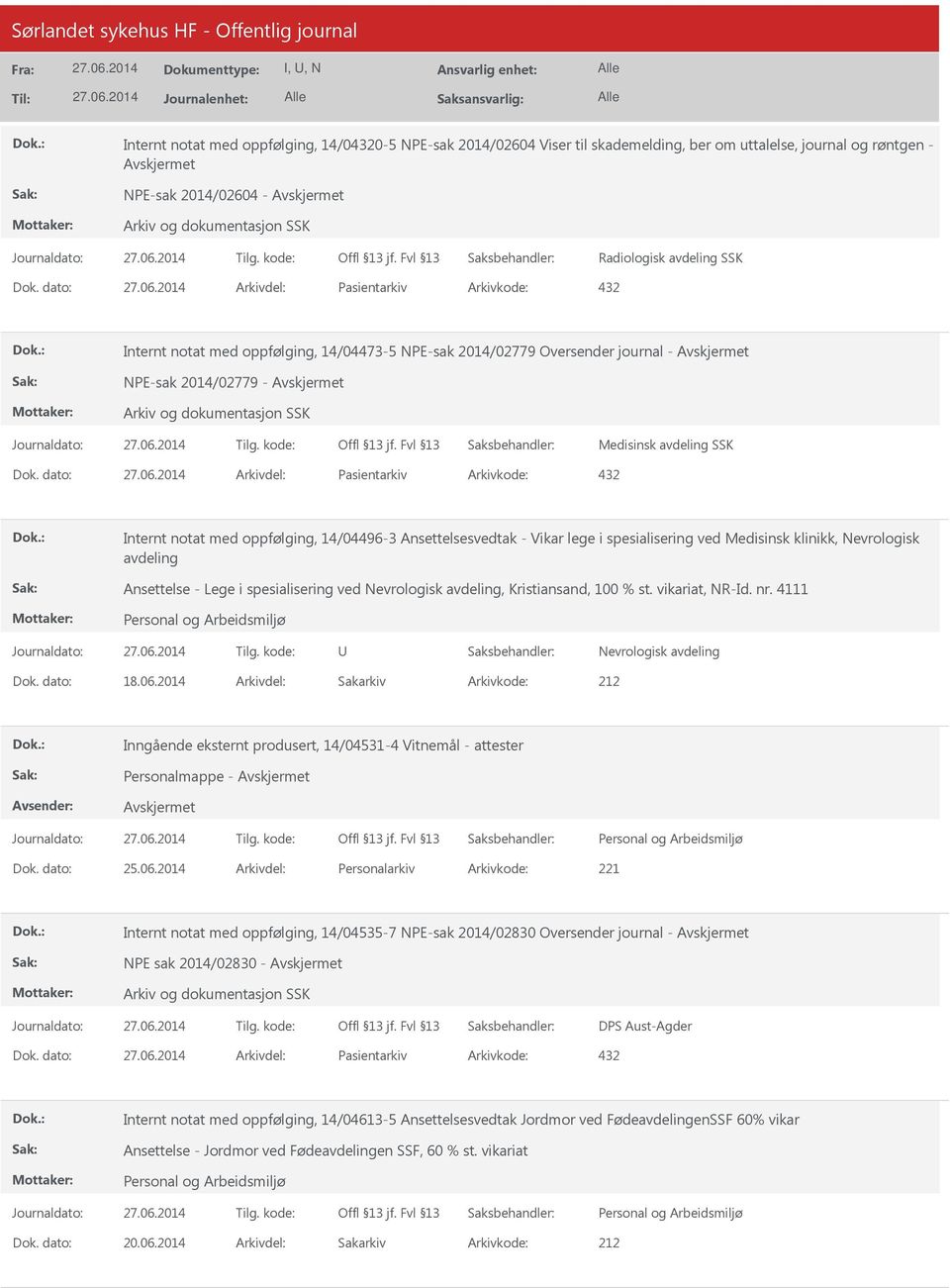 dato: Arkivdel: Pasientarkiv Arkivkode: 432 Internt notat med oppfølging, 14/04496-3 Ansettelsesvedtak - Vikar lege i spesialisering ved Medisinsk klinikk, Nevrologisk avdeling Ansettelse - Lege i