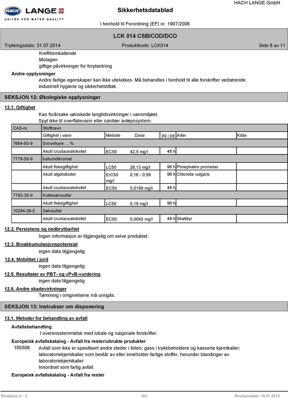 7664-93-9 7778-50-9 7783-35-9 10294-26-5 Kan forårsake uønskede langtidsvirkninger i vannmiljøet. Spyl ikke til overflatevann eller sanitær avløpssystem.