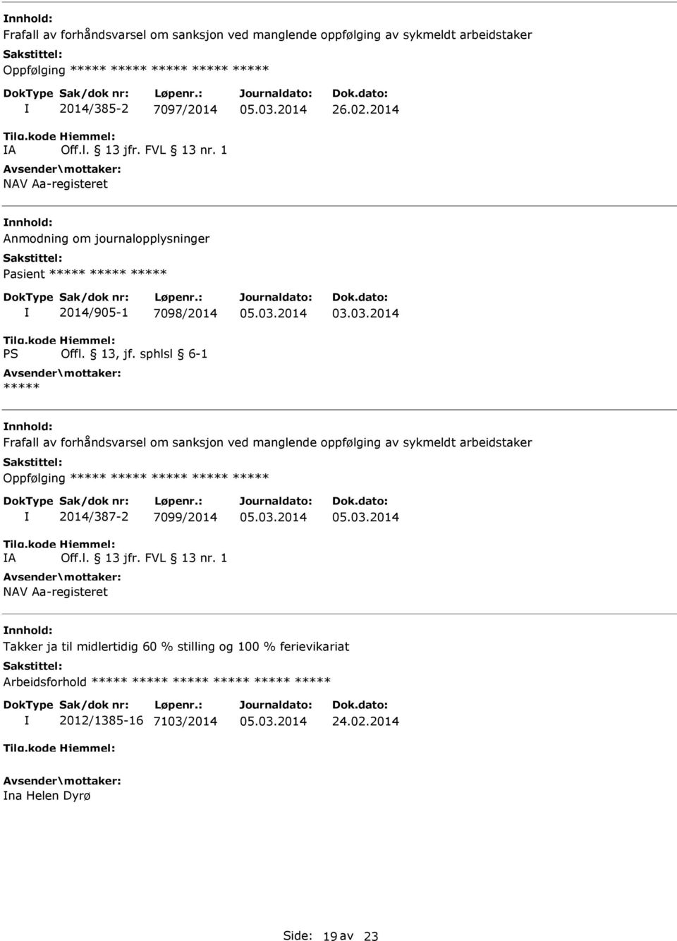 2014 Anmodning om journalopplysninger 2014/905-1 7098/2014 ***** Frafall av forhåndsvarsel om sanksjon ved manglende oppfølging av sykmeldt arbeidstaker