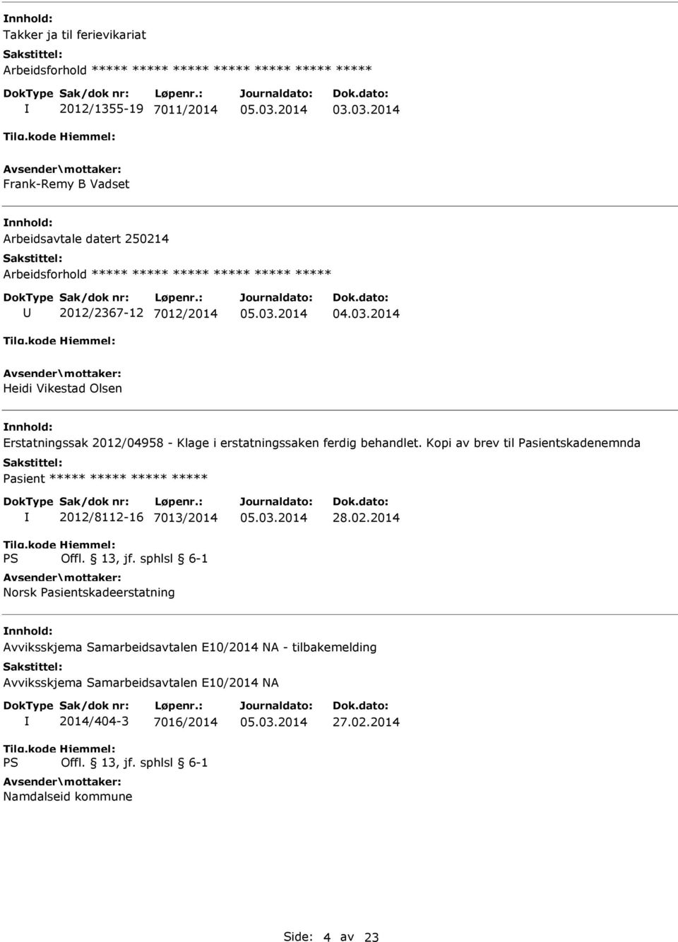 erstatningssaken ferdig behandlet. Kopi av brev til Pasientskadenemnda ***** 2012/8112-16 7013/2014 Norsk Pasientskadeerstatning 28.02.