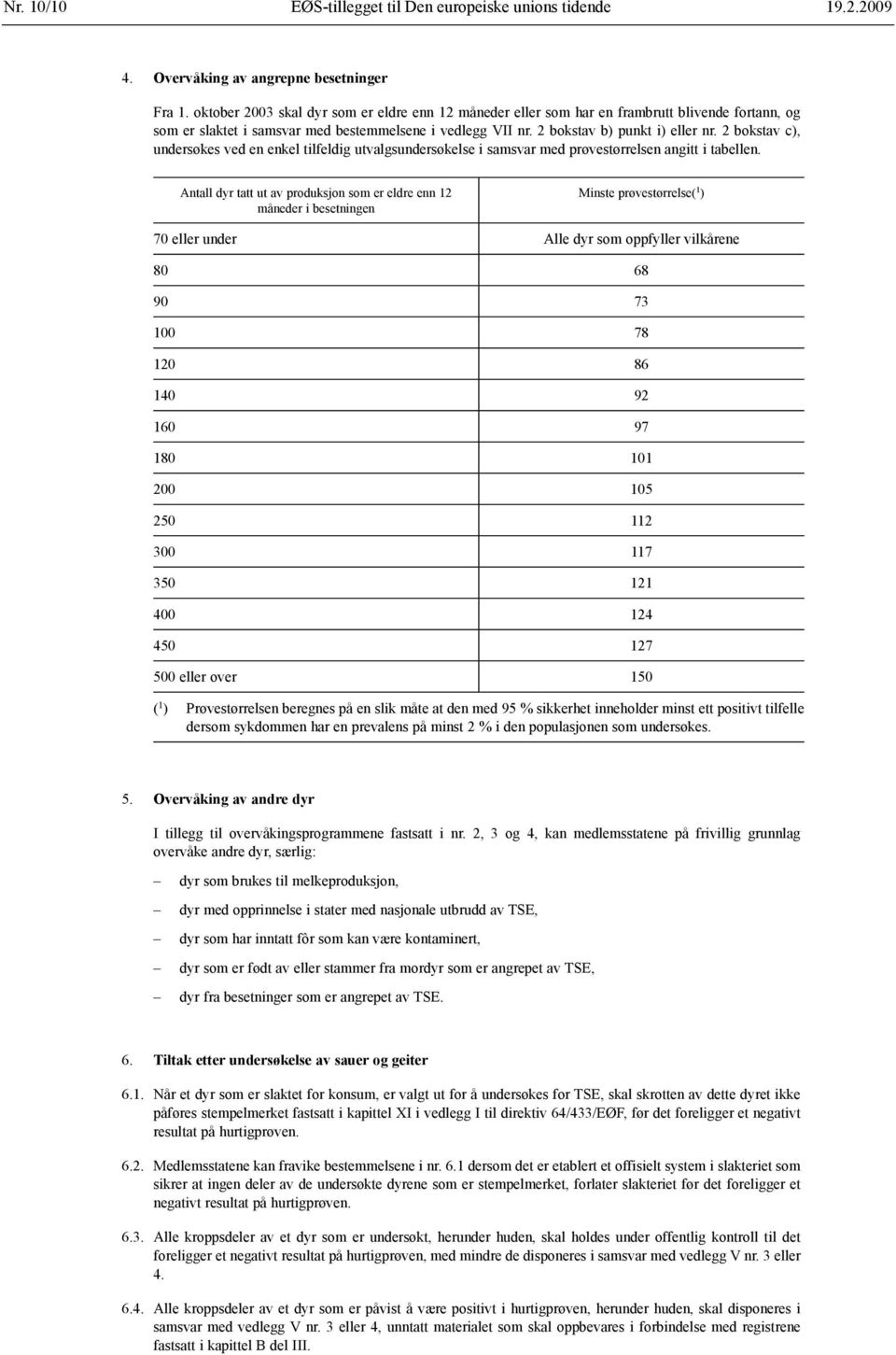 2 bokstav c), undersøkes ved en enkel tilfeldig utvalgsundersøkelse i samsvar med prøvestørrelsen angitt i tabellen.