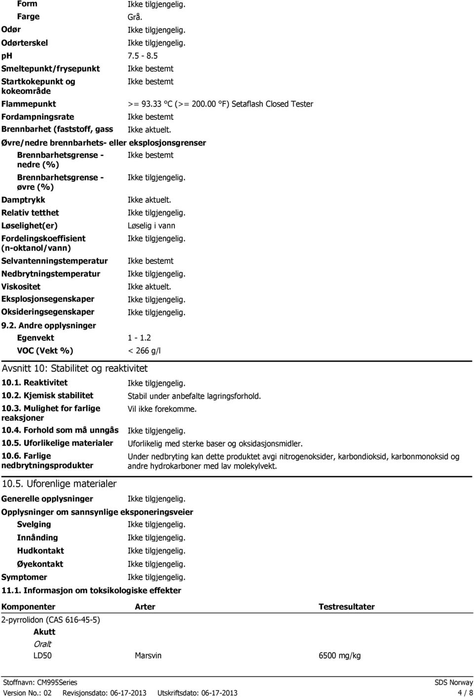 Øvre/nedre brennbarhets eller eksplosjonsgrenser Brennbarhetsgrense nedre (%) Brennbarhetsgrense øvre (%) Damptrykk Relativ tetthet Løselighet(er) Fordelingskoeffisien t (noktanol/vann)