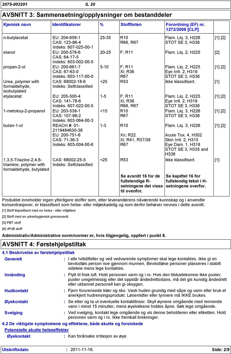 1-metoksy-2-propanol EU 203-539-1 CAS 107-98-2 Indeks 603-064-00-3 butan-1-ol REACH # 01-2119484630-38 EU 200-751-6 CAS 71-36-3 Indeks 603-004-00-6 1,3,5-Triazine-2,4,6- triamine, polymer with