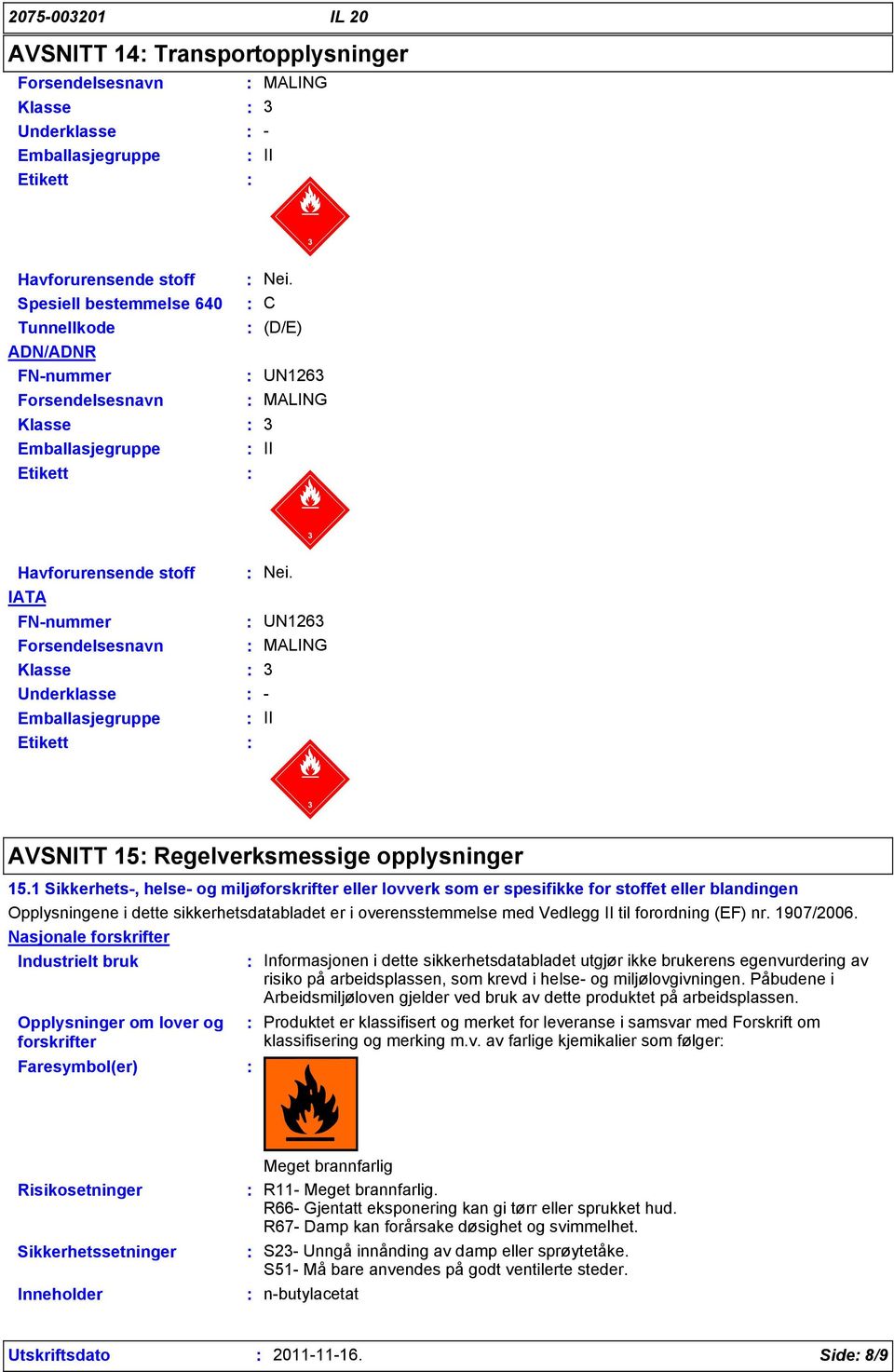 IATA FN-nummer UN1263 Forsendelsesnavn MALING Klasse 3 Underklasse - Emballasjegruppe II Etikett AVSNITT 15 Regelverksmessige opplysninger 15.