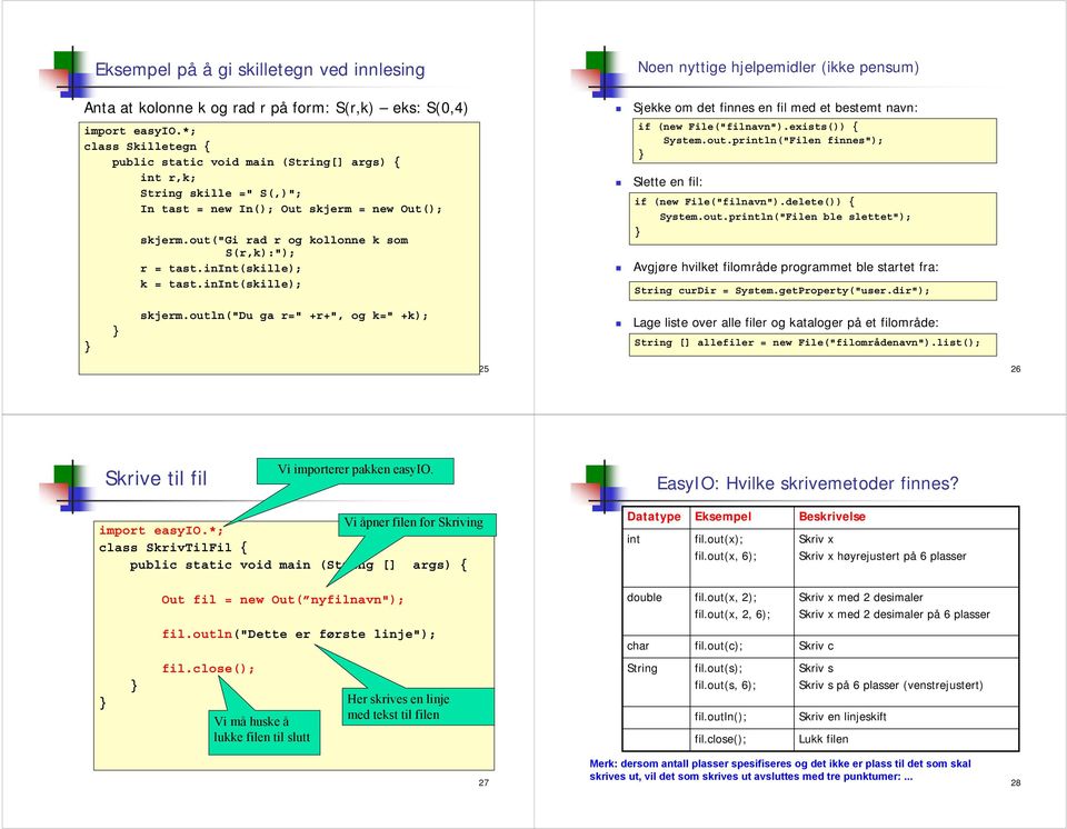 inint(skille); Noen nyttige hjelpemidler (ikke pensum) Sjekke om det finnes en fil med et bestemt navn: if (new File("filnavn").exists()) { System.out.