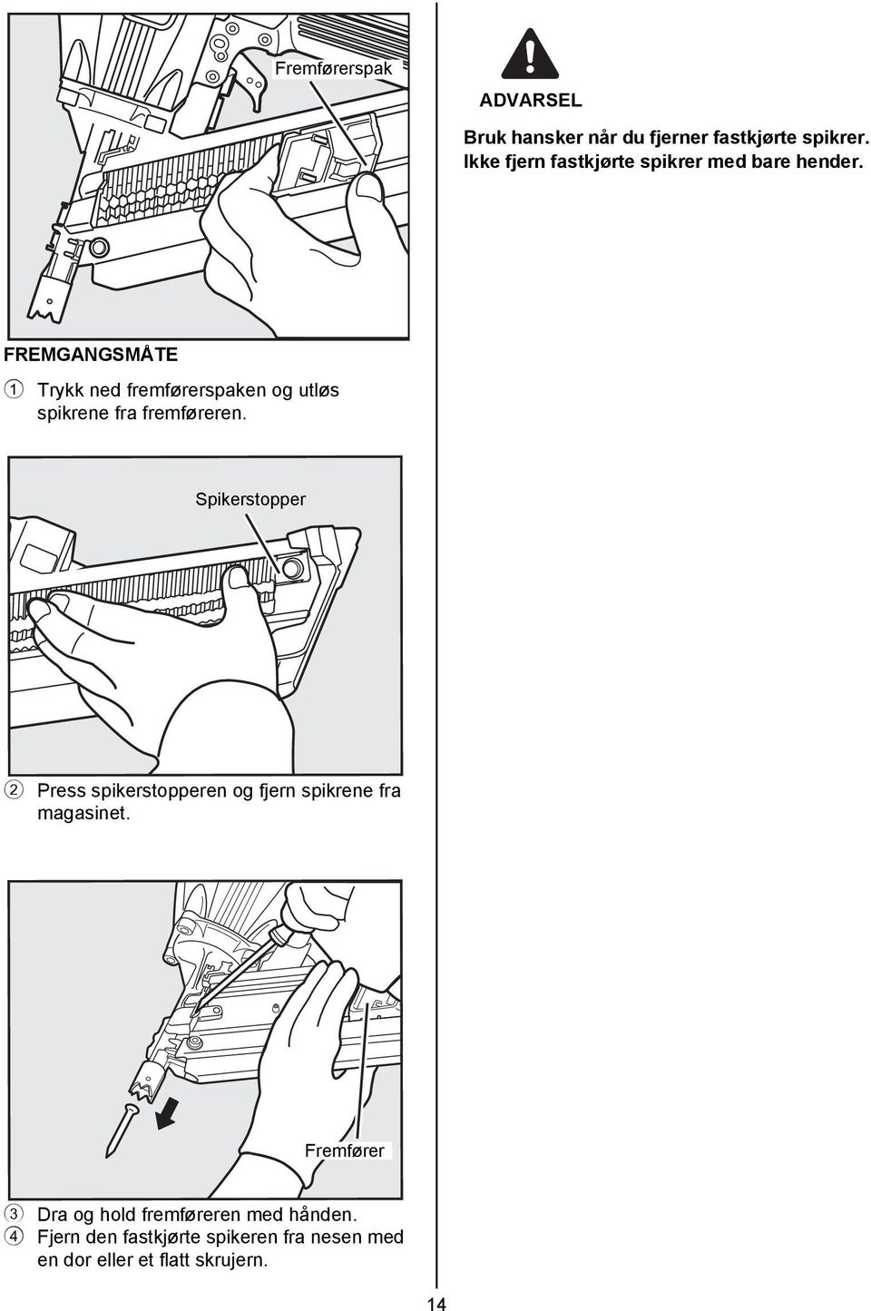 FREMGANGSMÅTE 1 Trykk ned fremførerspaken og utløs spikrene fra fremføreren.