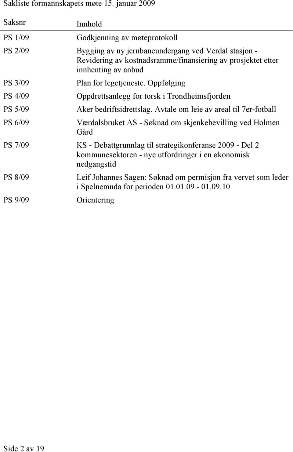 innhenting av anbud PS 3/09 PS 4/09 PS 5/09 PS 6/09 Plan for legetjeneste. Oppfølging Oppdrettsanlegg for torsk i Trondheimsfjorden Aker bedriftsidrettslag.