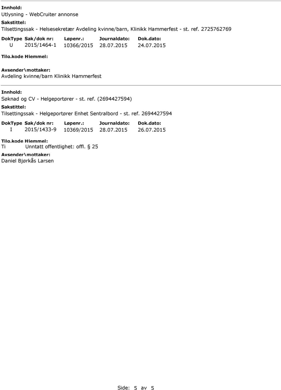 2015 Avdeling kvinne/barn Klinikk Hammerfest nnhold: Søknad og CV - Helgeportører - st. ref.