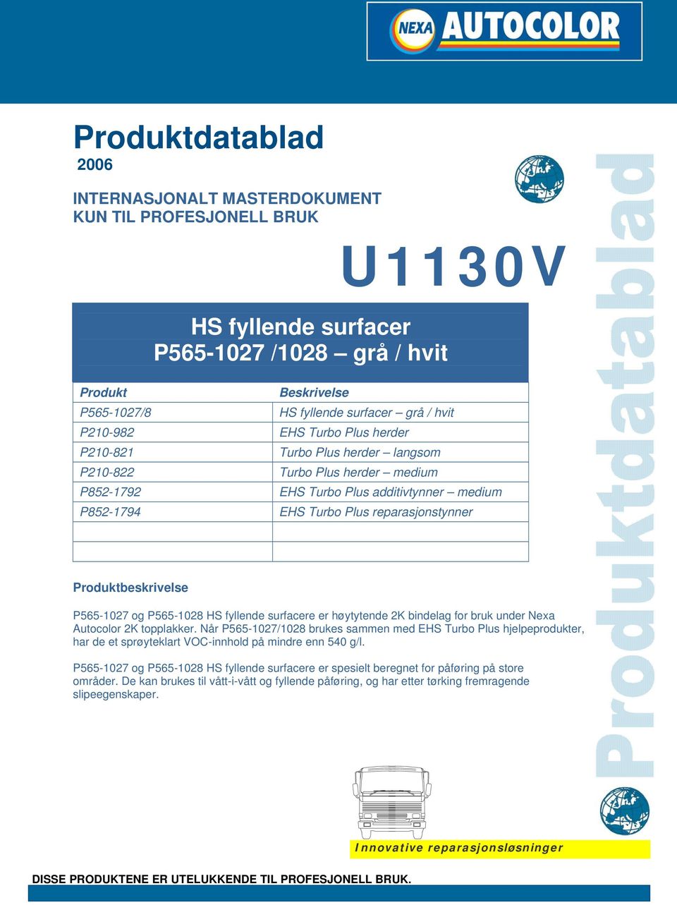 Produktbeskrivelse P565-1027 og P565-1028 HS fyllende surfacere er høytytende 2K bindelag for bruk under Nexa Autocolor 2K topplakker.