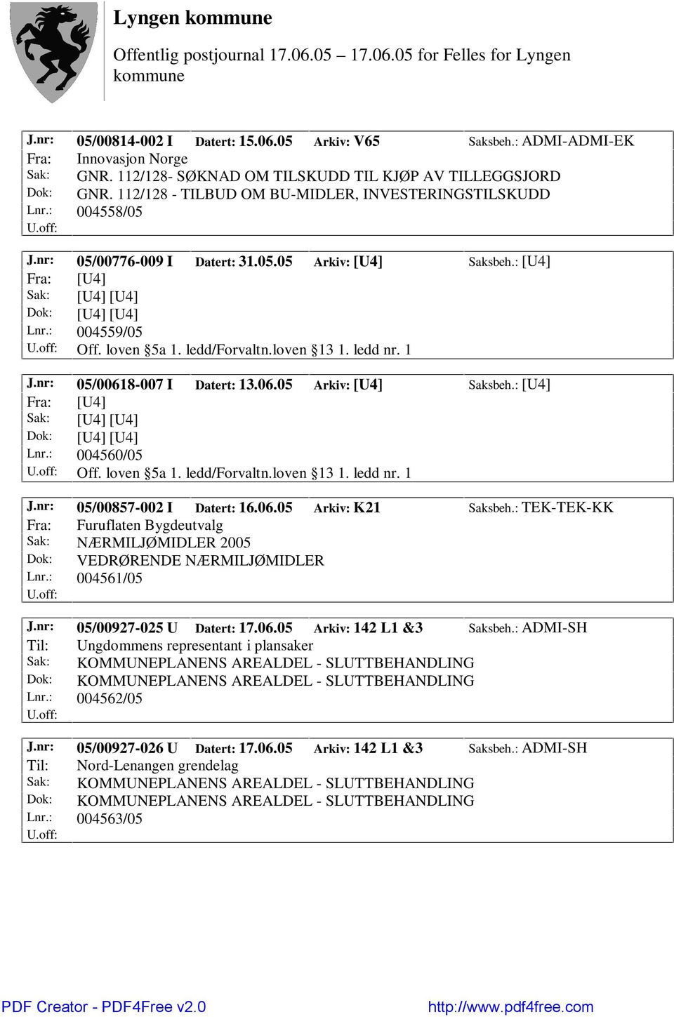 loven 5a 1. ledd/forvaltn.loven 13 1. ledd nr. 1 J.nr: 05/00618-007 I Datert: 13.06.05 Arkiv: [U4] Saksbeh.: [U4] Fra: [U4] Sak: [U4] [U4] Dok: [U4] [U4] Lnr.: 004560/05 Off. loven 5a 1.