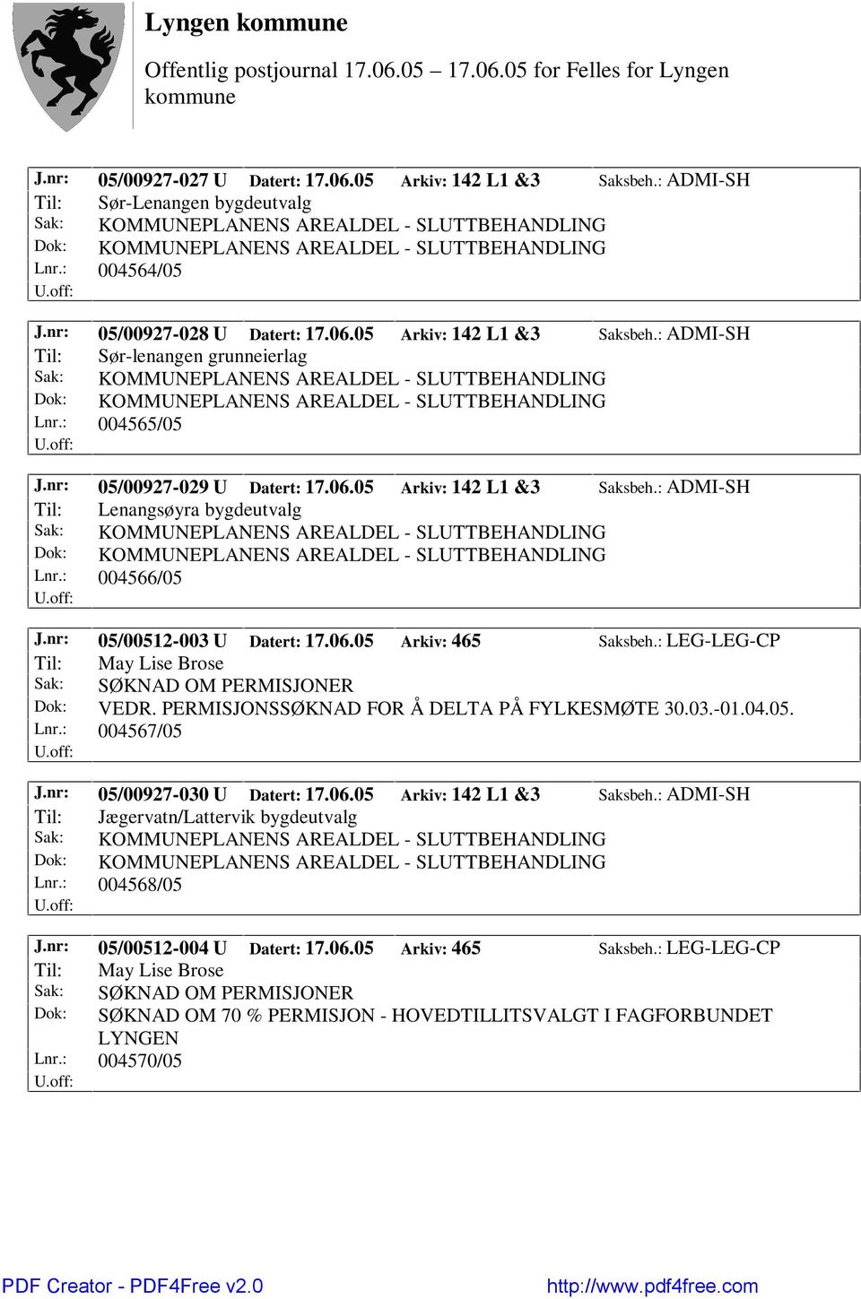 : LEG-LEG-CP Til: May Lise Brose Sak: SØKNAD OM PERMISJONER Dok: VEDR. PERMISJONSSØKNAD FOR Å DELTA PÅ FYLKESMØTE 30.03.-01.04.05. Lnr.: 004567/05 J.nr: 05/00927-030 U Datert: 17.06.