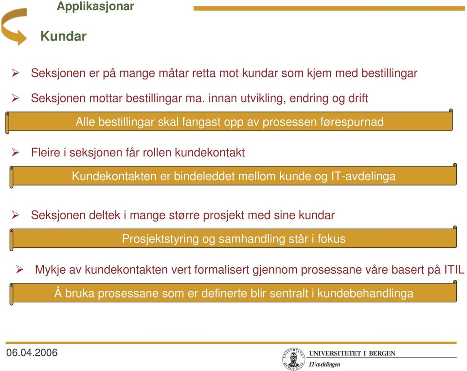 Kundekontakten er bindeleddet mellom kunde og IT-avdelinga Seksjonen deltek i mange større prosjekt med sine kundar Prosjektstyring og