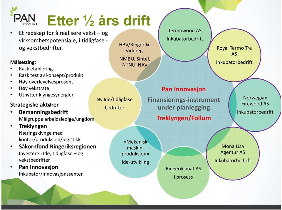 Næringsklynge med kontor/produksjon/logistikk Såkornfond Ringeriksregionen Investere i Ide, tidligfase og vekstbedrifter Pan Innovasjon Inkubator/Innovasjonssenter Ny Ide/tidligfase bedrifter