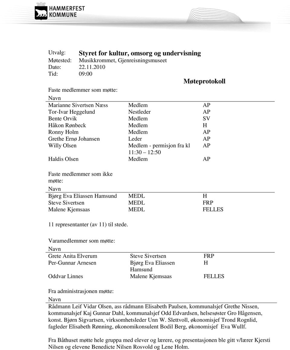 Grethe Ernø Johansen Leder AP Willy Olsen Medlem - permisjon fra kl AP 11:30 12:50 Haldis Olsen Medlem AP Faste medlemmer som ikke møtte: Navn Bjørg Eva Eliassen Hamsund MEDL H Steve Sivertsen Malene