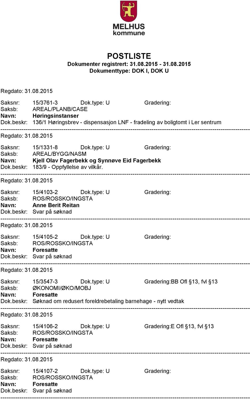 type: U Gradering: Saksb: AREAL/BYGG/NASM Navn: Kjell Olav Fagerbekk og Synnøve Eid Fagerbekk Dok.beskr: 183/9 - Oppfyllelse av vilkår. Saksnr: 15/4103-2 Dok.