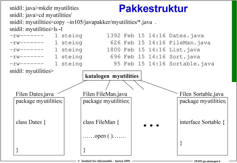 java -rw------- 1 steing 95 Feb 15 14:16 Sortable.java snidil: myutilities> katalogen myutilities Filen Dates.java package myutilities; Filen FileMan.