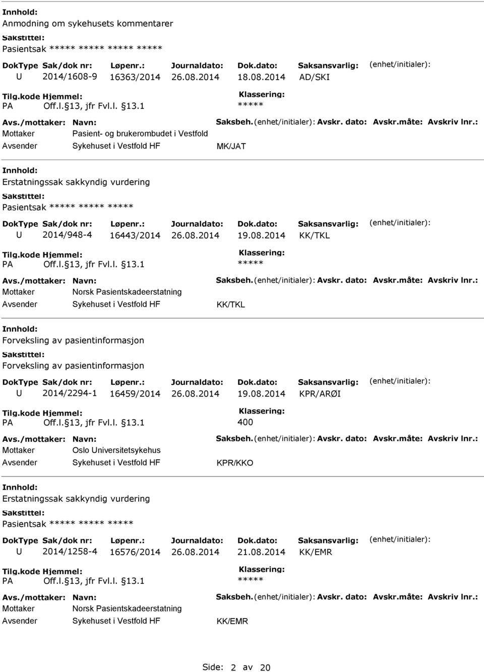 : Mottaker Norsk Pasientskadeerstatning KK/TKL Forveksling av pasientinformasjon Forveksling av pasientinformasjon 2014/2294-1 16459/2014 KPR/ARØ 400 Avs./mottaker: Navn: Saksbeh. Avskr. dato: Avskr.