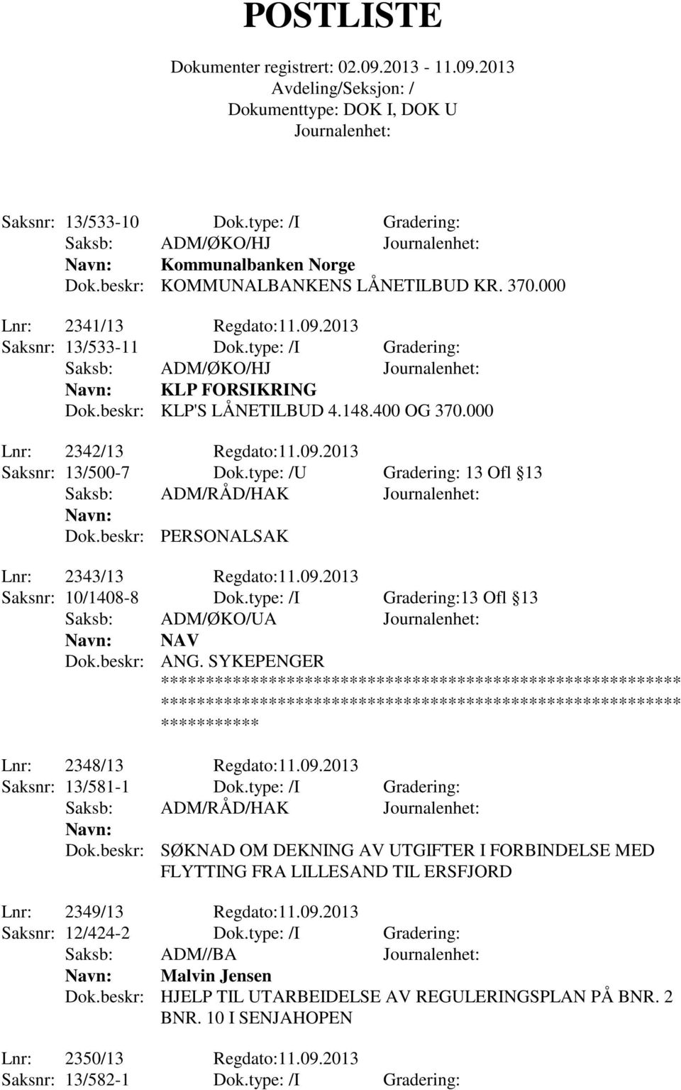 type: /U Gradering: 13 Ofl 13 Saksb: ADM/RÅD/HAK Dok.beskr: PERSONALSAK Lnr: 2343/13 Regdato:11.09.2013 Saksnr: 10/1408-8 Dok.type: /I Gradering:13 Ofl 13 Saksb: ADM/ØKO/UA NAV Dok.beskr: ANG.
