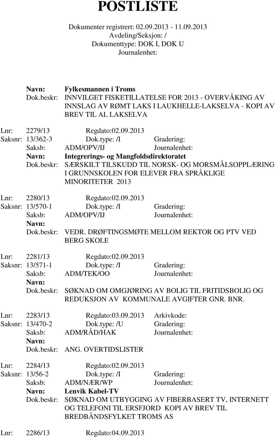 beskr: SÆRSKILT TILSKUDD TIL NORSK- OG MORSMÅLSOPPLÆRING I GRUNNSKOLEN FOR ELEVER FRA SPRÅKLIGE MINORITETER 2013 Lnr: 2280/13 Regdato:02.09.2013 Saksnr: 13/570-1 Dok.