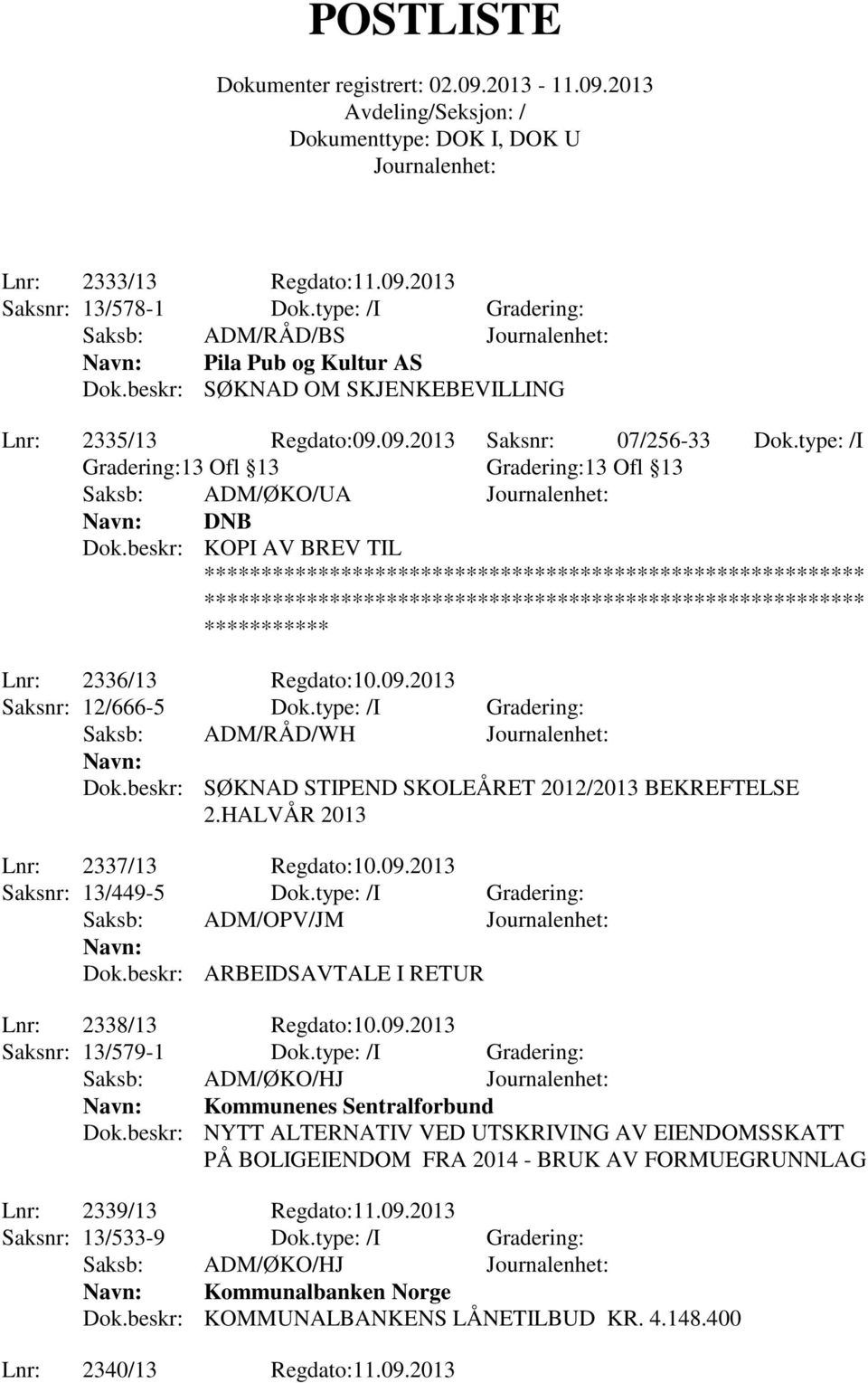 type: /I Gradering: Saksb: ADM/RÅD/WH Dok.beskr: SØKNAD STIPEND SKOLEÅRET 2012/2013 BEKREFTELSE 2.HALVÅR 2013 Lnr: 2337/13 Regdato:10.09.2013 Saksnr: 13/449-5 Dok.type: /I Gradering: Dok.