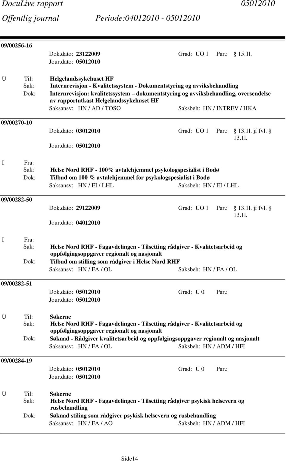 Helgelandssykehuset HF Saksansv: HN / AD / TOSO Saksbeh: HN / INTREV / HKA 09/00270-10 Dok.dato: 03012010 Grad: UO 1 Par.: 13.1l.