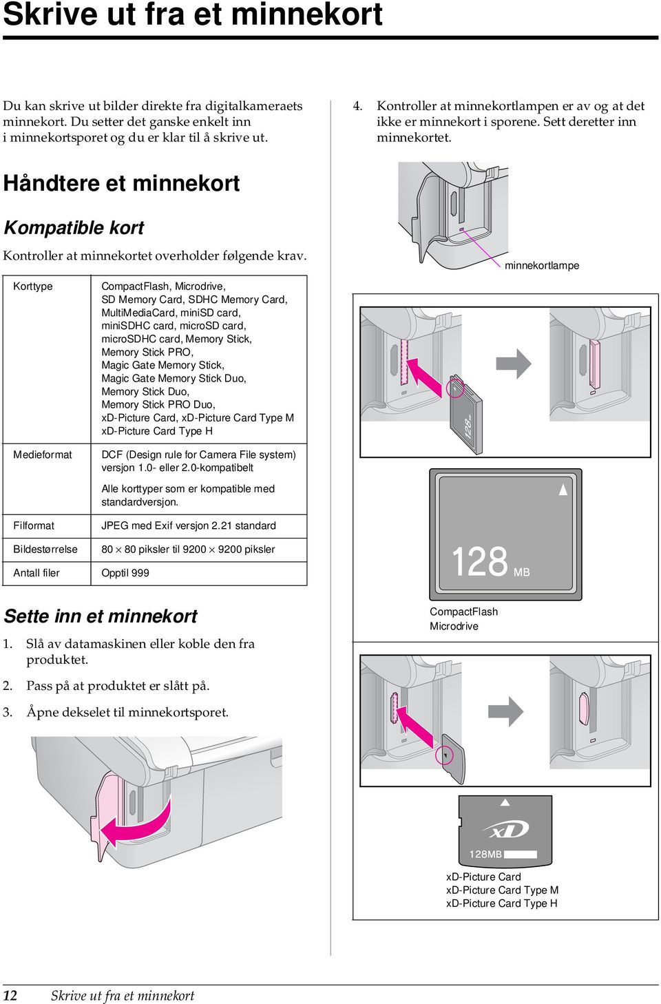 minnekortlampe Korttype Medieformat CompactFlash, Microdrive, SD Memory Card, SDHC Memory Card, MultiMediaCard, minisd card, minisdhc card, microsd card, microsdhc card, Memory Stick, Memory Stick