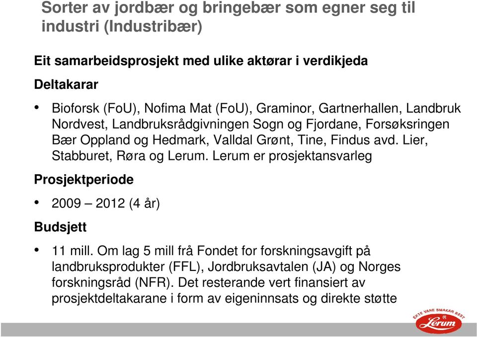 Lier, Stabburet, Røra og Lerum. Lerum er prosjektansvarleg Prosjektperiode 2009 2012 (4 år) Budsjett 11 mill.