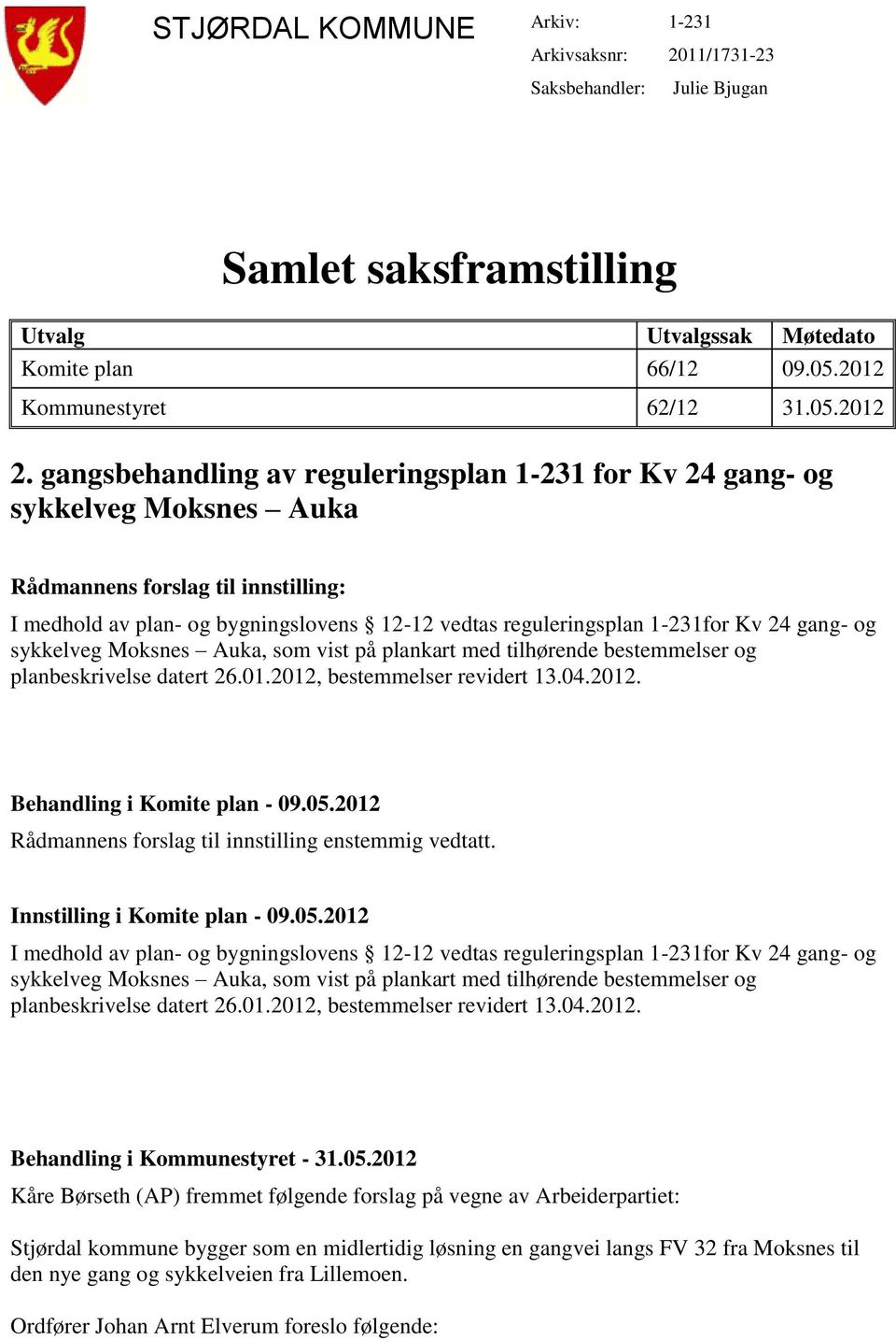 gang- og sykkelveg Moksnes Auka, som vist på plankart med tilhørende bestemmelser og planbeskrivelse datert 26.01.2012, bestemmelser revidert 13.04.2012. Behandling i Komite plan - 09.05.