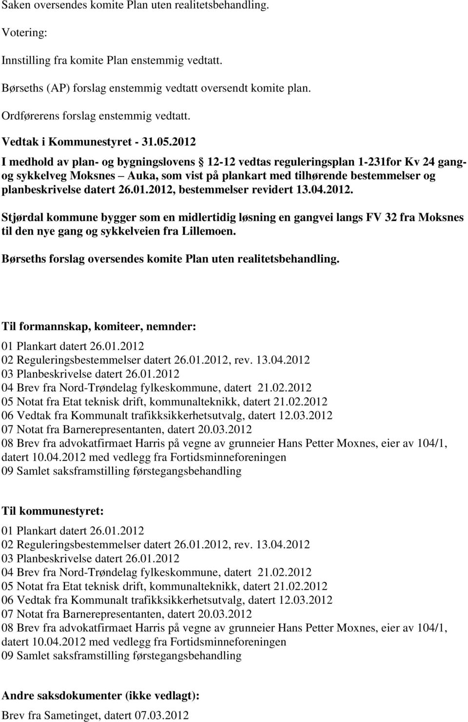 2012 I medhold av plan- og bygningslovens 12-12 vedtas reguleringsplan 1-231for Kv 24 gangog sykkelveg Moksnes Auka, som vist på plankart med tilhørende bestemmelser og planbeskrivelse datert 26.01.2012, bestemmelser revidert 13.