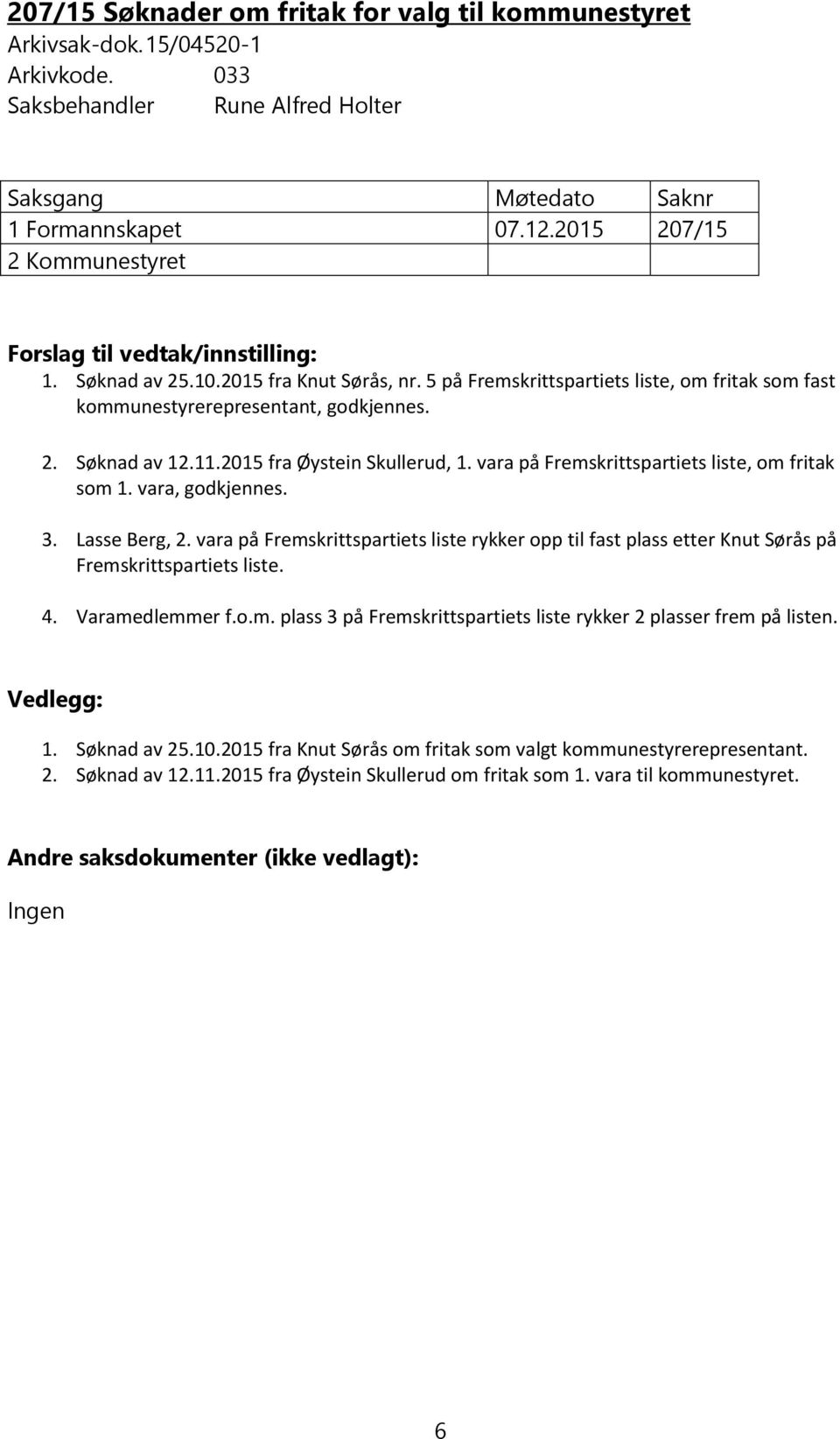 11.2015 fra Øystein Skullerud, 1. vara på Fremskrittspartiets liste, om fritak som 1. vara, godkjennes. 3. Lasse Berg, 2.