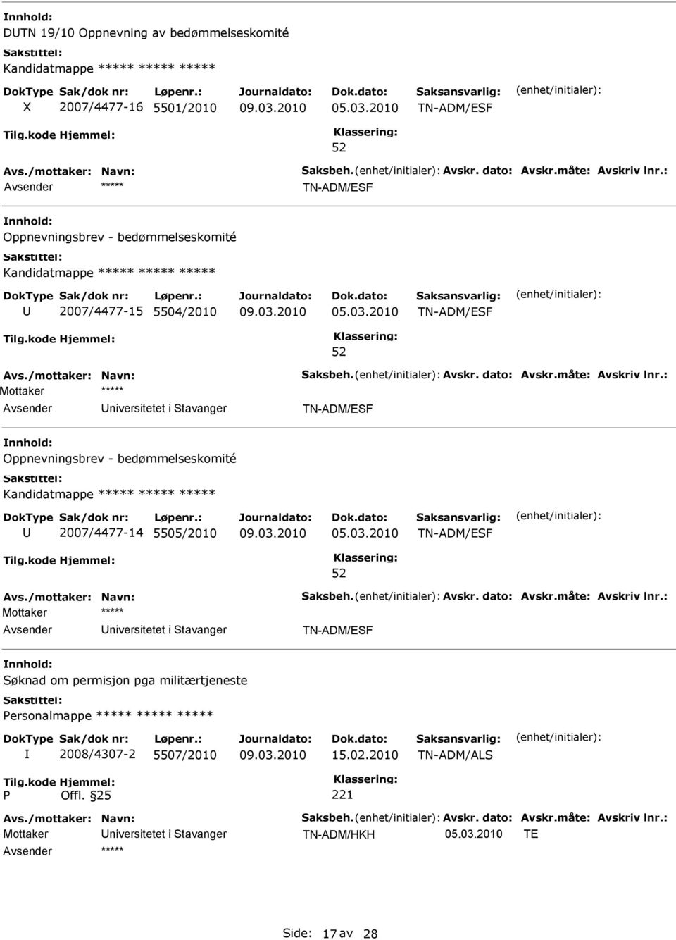 2010 TN-ADM/EF niversitetet i tavanger TN-ADM/EF Oppnevningsbrev - bedømmelseskomité Kandidatmappe ***** ***** ***** 2007/4477-14 5505/2010 05.03.