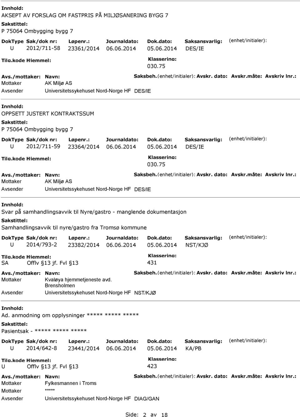 75 Mottaker AK Miljø AS niversitetssykehuset Nord-Norge HF DES/E Svar på samhandlingsavvik til Nyre/gastro - manglende dokumentasjon Samhandlingsavvik til nyre/gastro fra Tromsø kommune