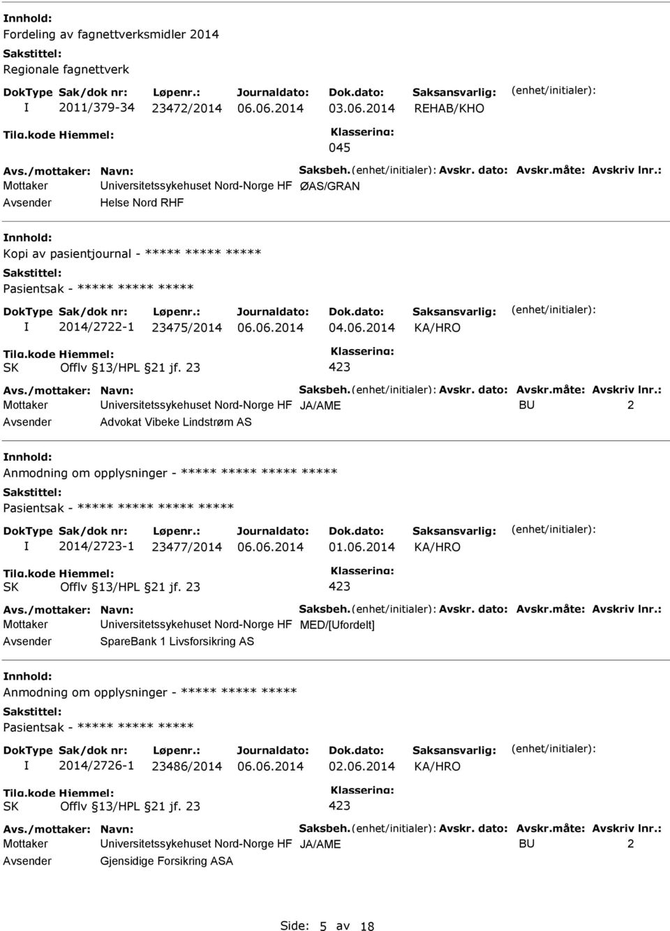 2014 Mottaker niversitetssykehuset Nord-Norge HF JA/AME B 2 Advokat Vibeke Lindstrøm AS Anmodning om opplysninger - ***** ***** ***** ***** ***** 2014/2723-1 23477/2014 01.